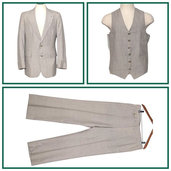 Vintage Chaps By Ralph Lauren 3-Piece Suit Tan Crosshatch Preppy Old Money Rich - Picture 1 of 16